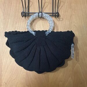 Vintage 40s Black Corde Purse/ Crochet Cord with Lucite Handle Clam Shell Wallet